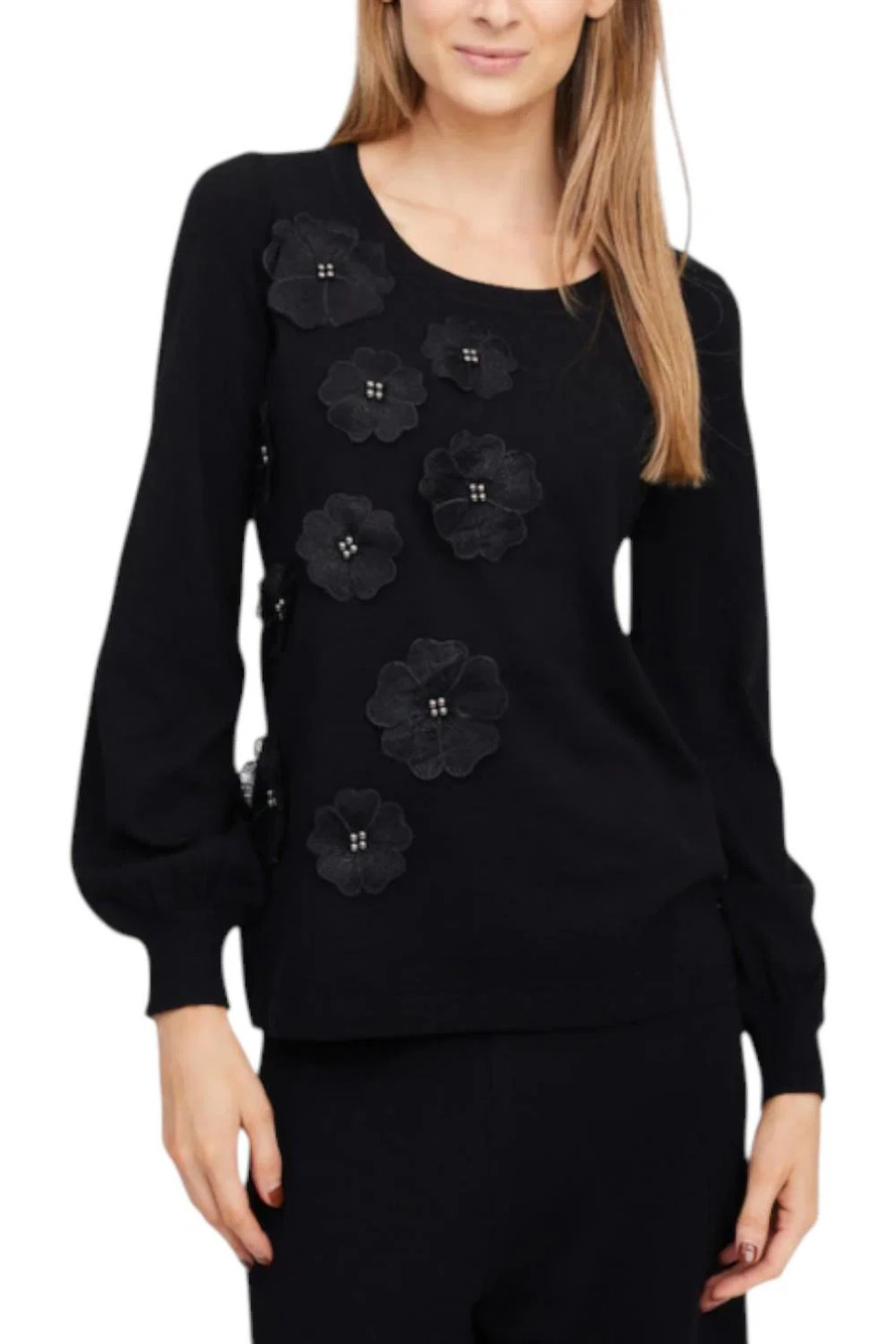 Nina Leonard Women's Long Balloon Sleeve Round Neck Sweater Top Black - Regular